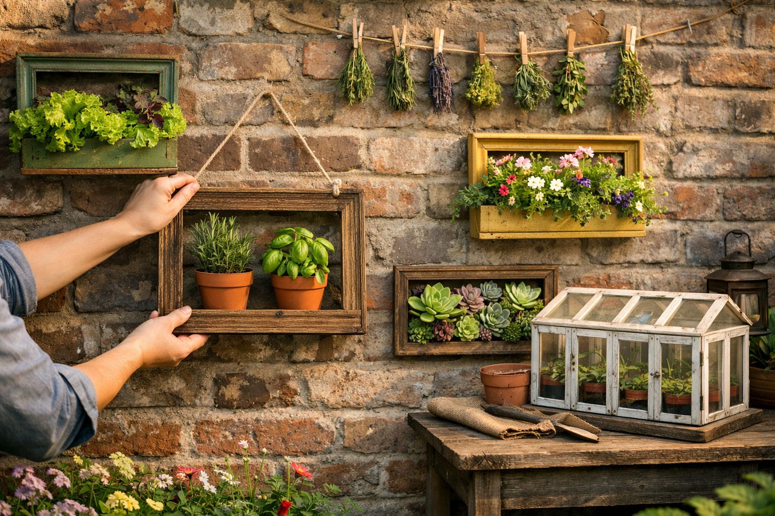 Mãos pendurando quadro com vasos de ervas em parede de tijolos com plantas e flores decorativas.