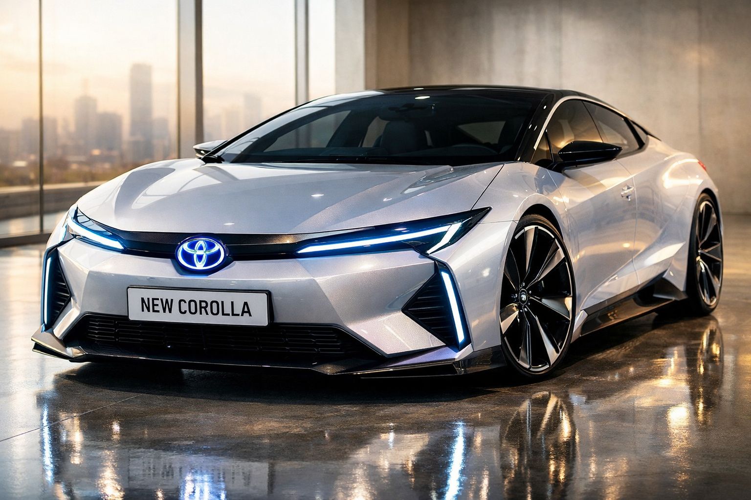 Carro elétrico Toyota New Corolla prata estacionado em ambiente interno com janela grande ao fundo.