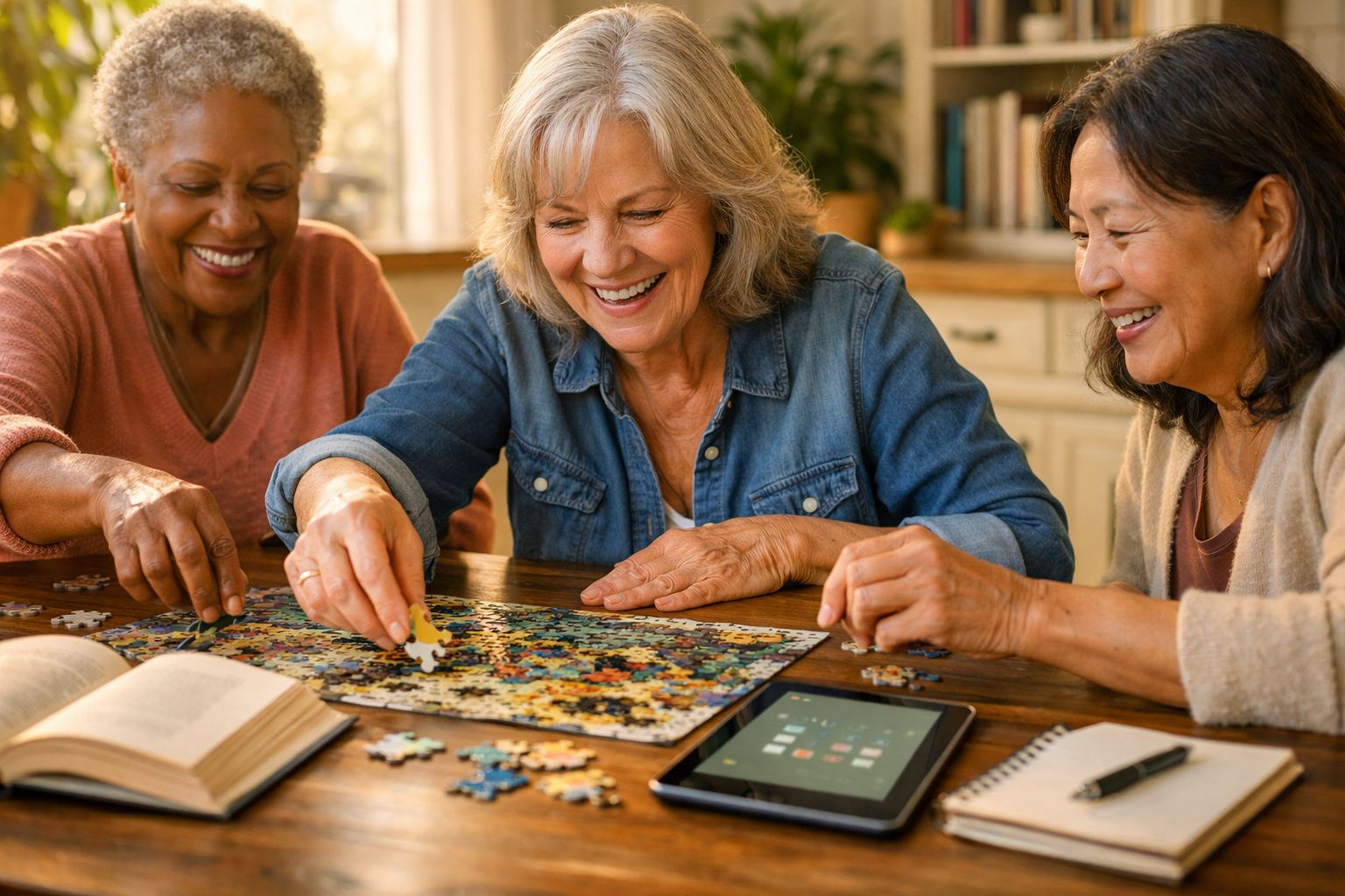 Três mulheres sorridentes montando um quebra-cabeça à mesa, rodeadas por livro, tablet e caderno.