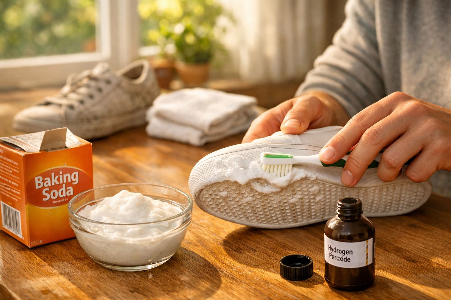 Pessoa limpando tênis branco com escova, bicarbonato de sódio e água oxigenada em mesa de madeira.