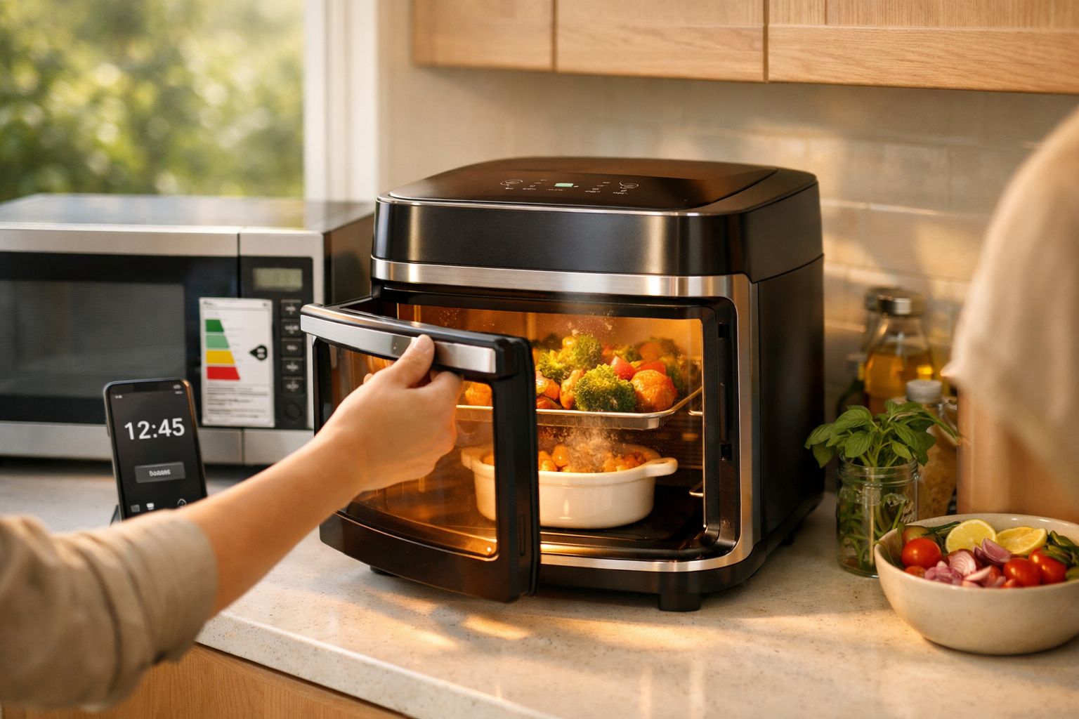 Pessoa abrindo forno elétrico com legumes sendo cozidos em uma cozinha moderna.