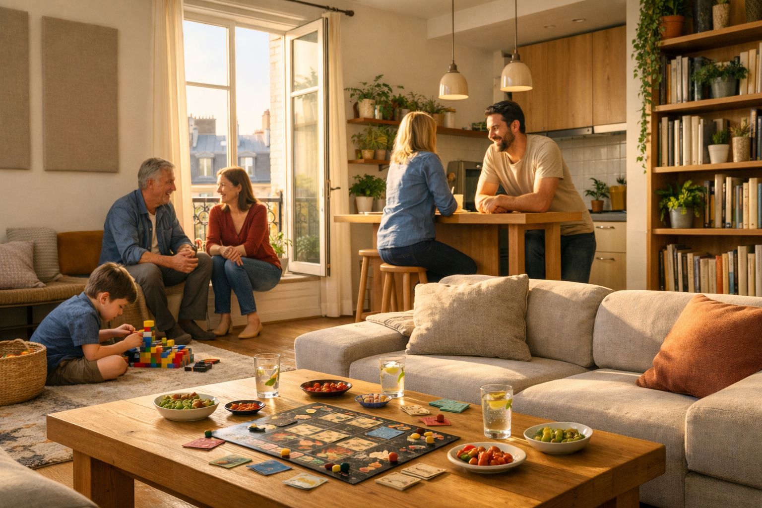 Família de cinco pessoas reunida em sala de estar iluminada, com jogo de tabuleiro e brincadeiras no chão.