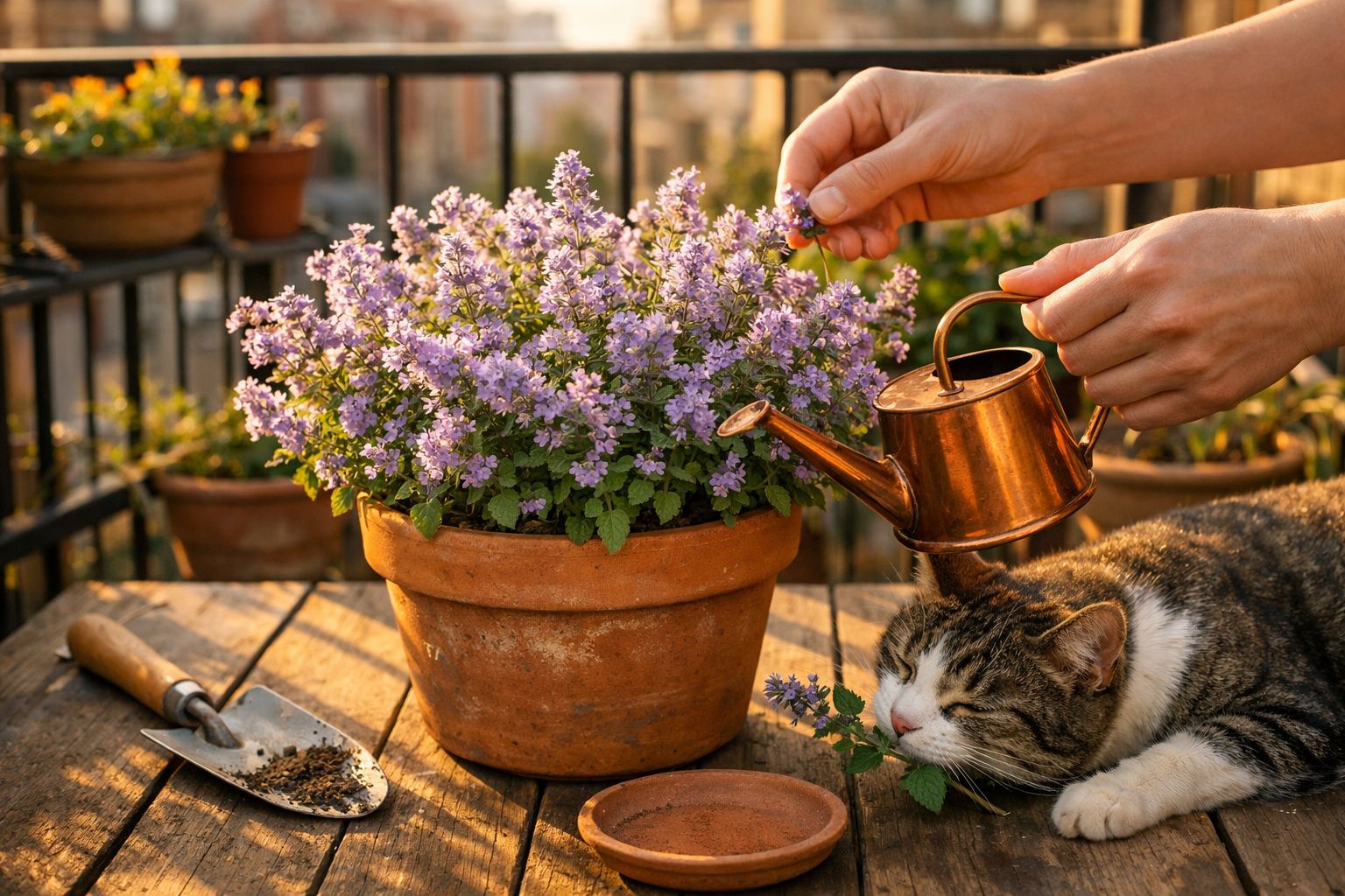 Flores lilases em vaso de barro sendo cuidadas com regador, gato dormindo e pá de jardinagem sobre mesa de madeira.