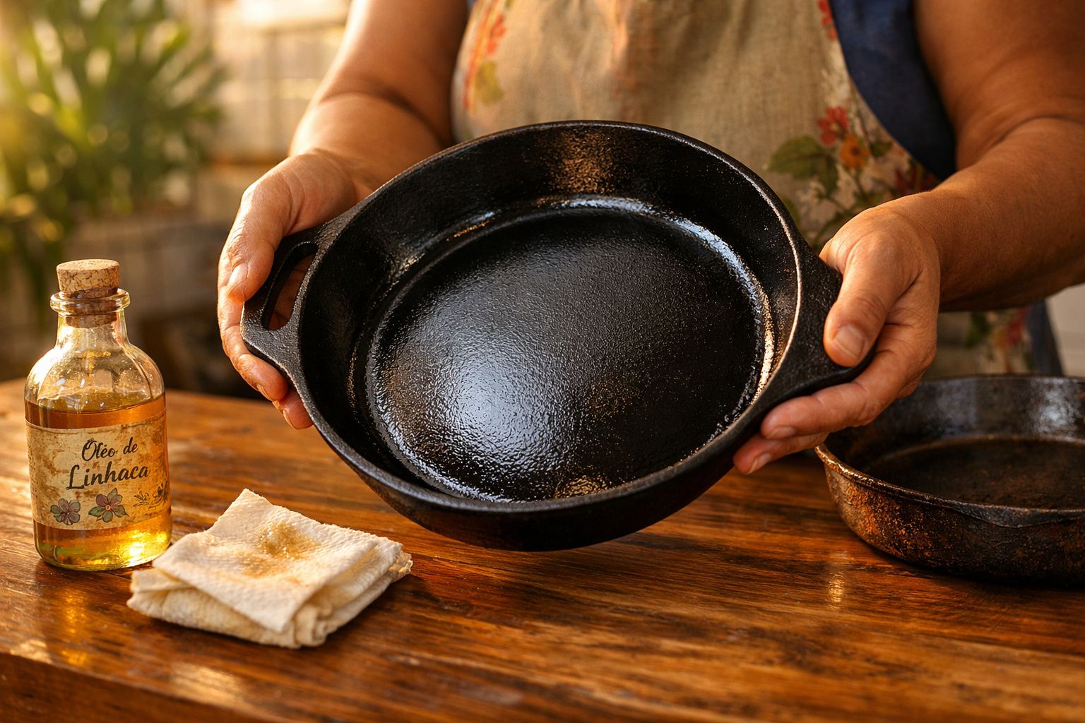 Pessoa segurando frigideira de ferro temperada com óleo de linhaça, pano e outra frigideira ao lado sobre mesa de madeira.