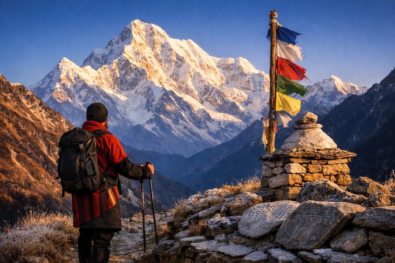 Montanhista com mochila observa montanha nevada ao amanhecer, ao lado de pedras e bandeiras coloridas.