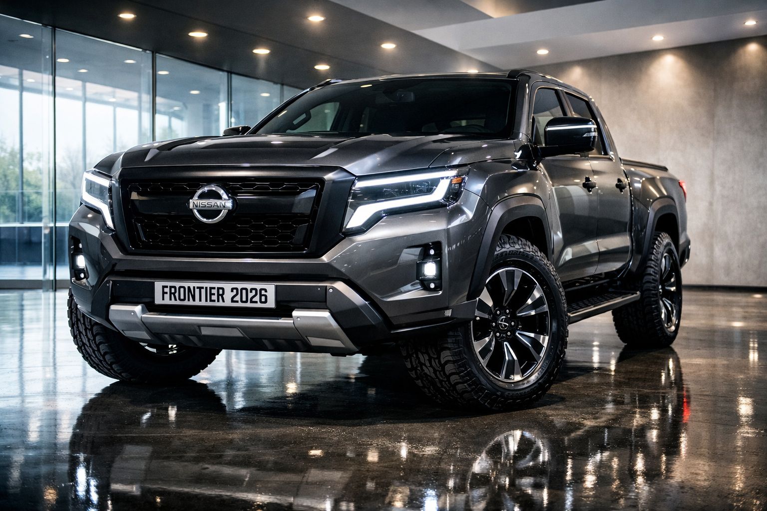 Picape Nissan Frontier 2026 cinza escuro em ambiente interno com piso refletivo e iluminação moderna.
