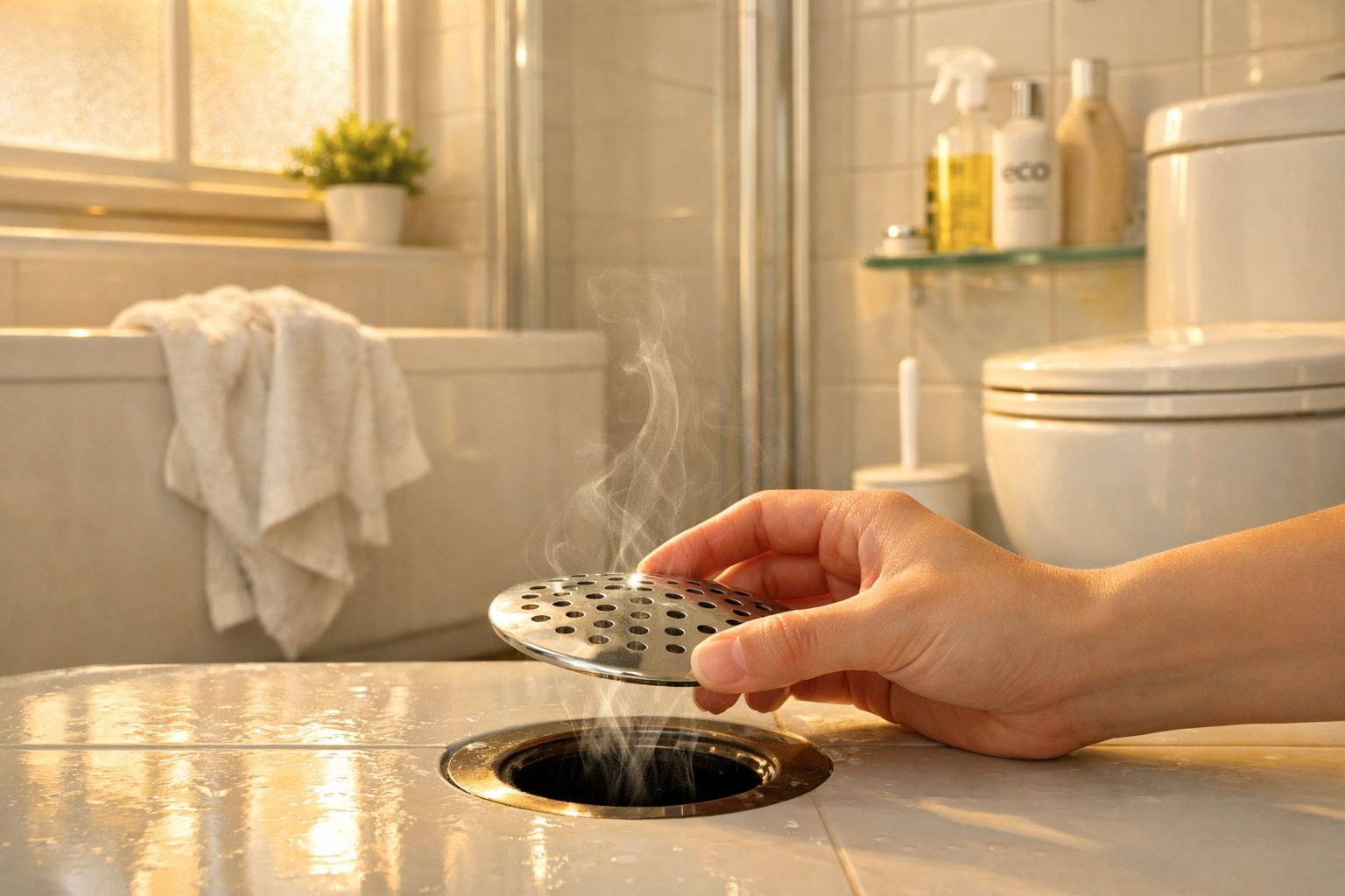 Mão removendo ralo com vapor saindo em banheiro claro, toalha e plantas ao fundo.