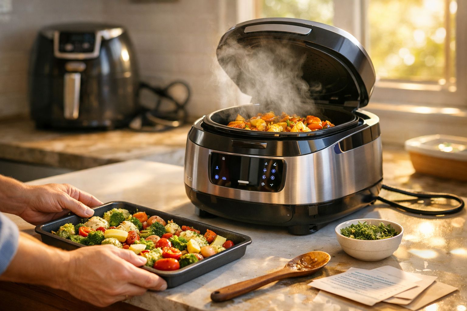 Panela elétrica aberta com vapor saindo e legumes sendo colocados em uma forma de assar.