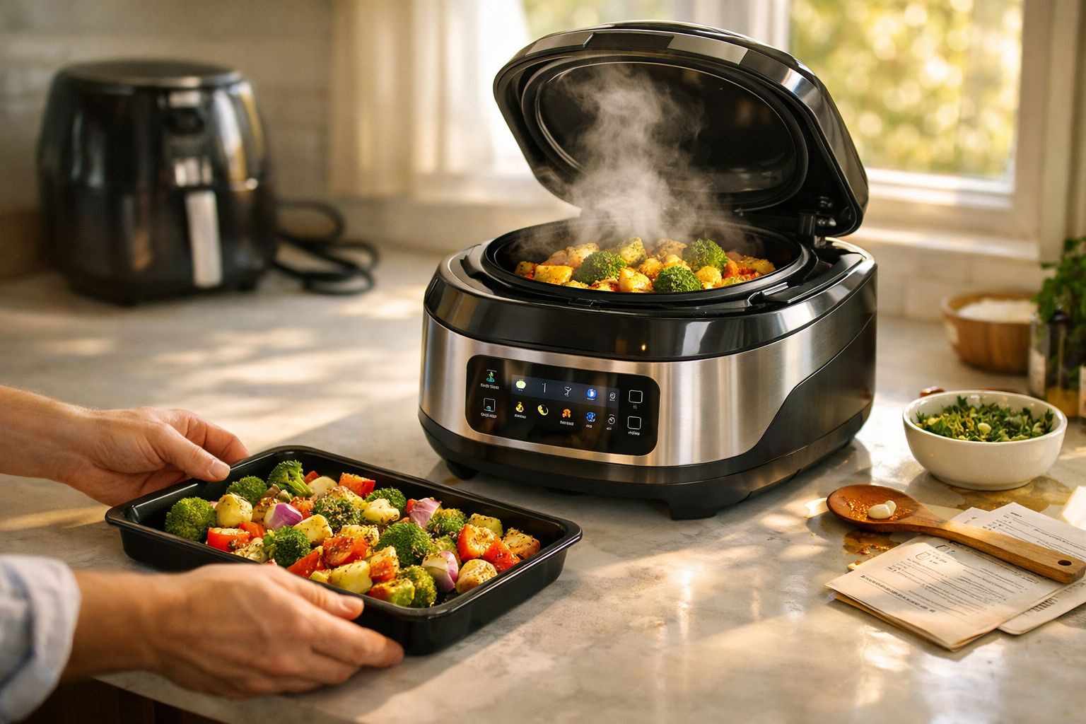 Panela elétrica aberta com legumes cozidos e uma pessoa segurando uma bandeja cheia de legumes.