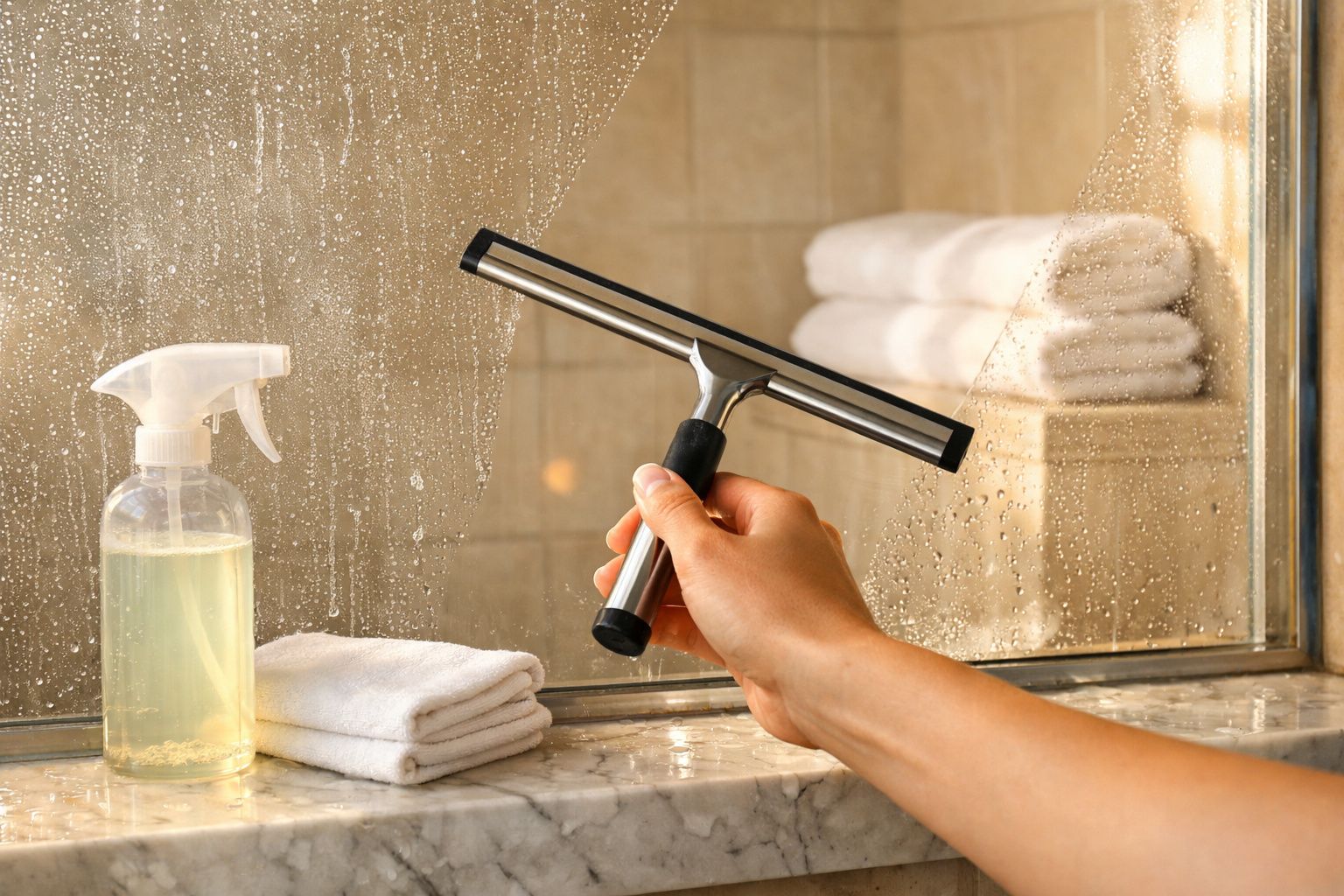 Pessoa limpando espelho em banheiro com espanador de borracha, spray de limpeza e toalhas dobradas.