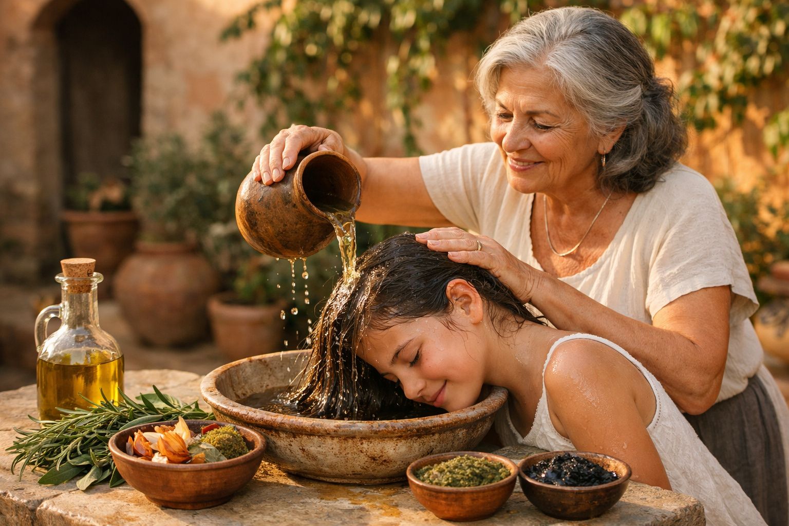 Mulher idosa derrama água no cabelo de menina em bacia, em ambiente rústico ao ar livre.