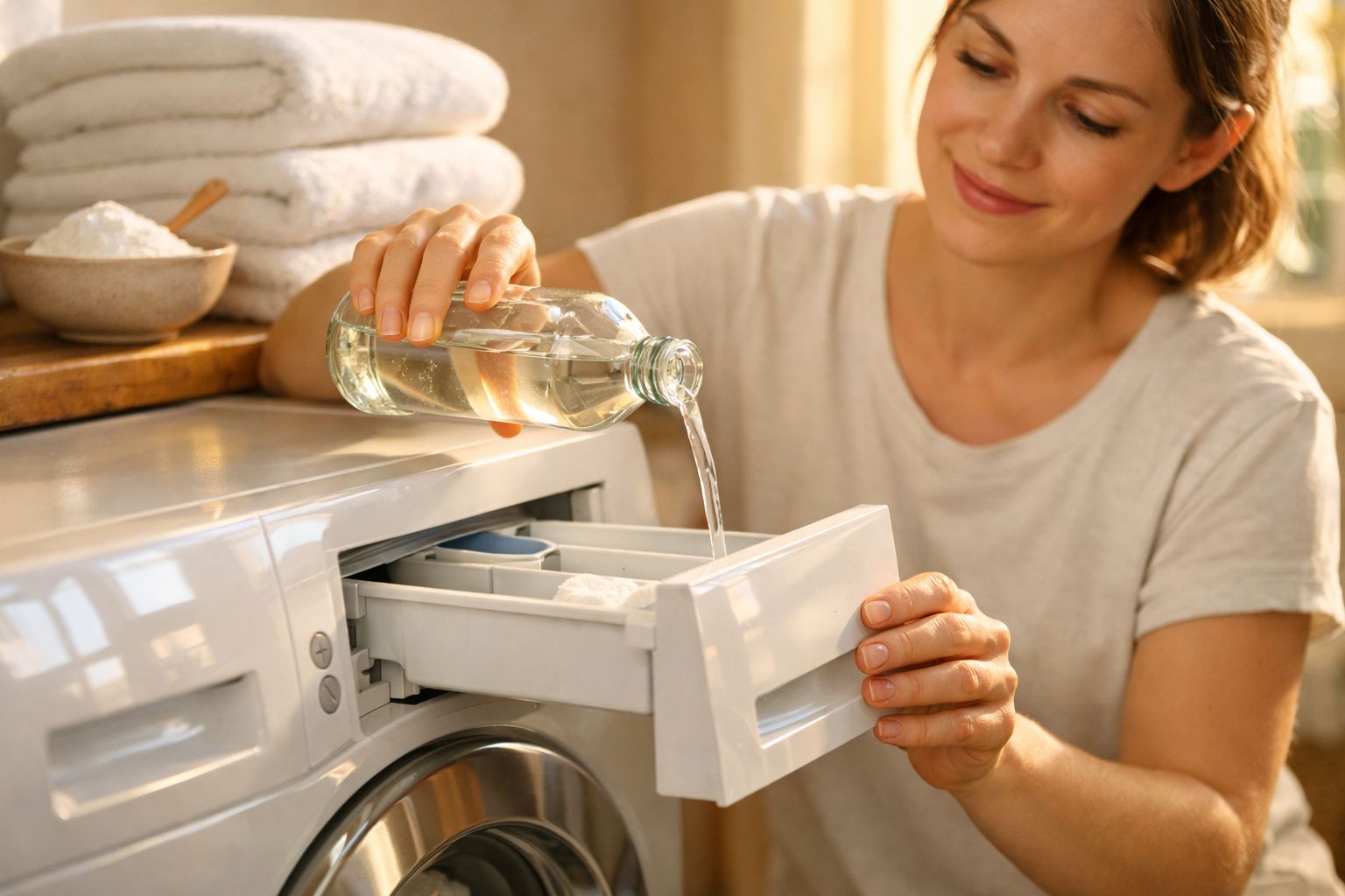 Mulher sorrindo colocando líquido em máquina de lavar roupas em ambiente iluminado e acolhedor.