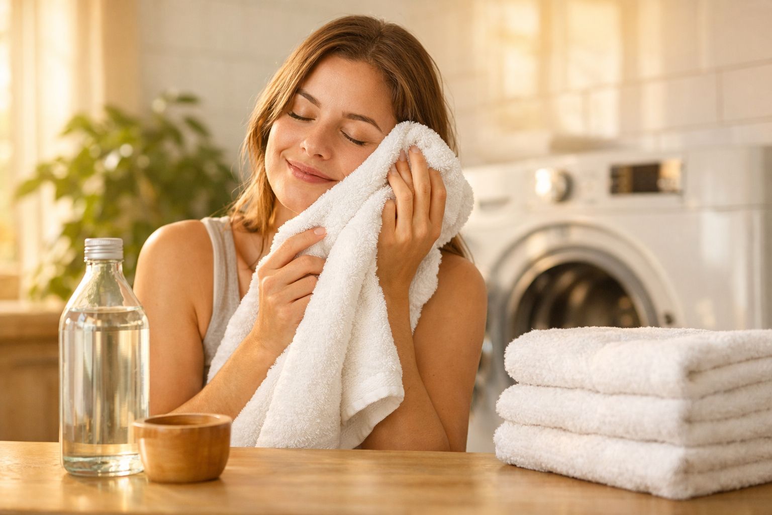 Mulher satisfeita sentada com toalha branca limpa e macia perto de máquina de lavar roupas.