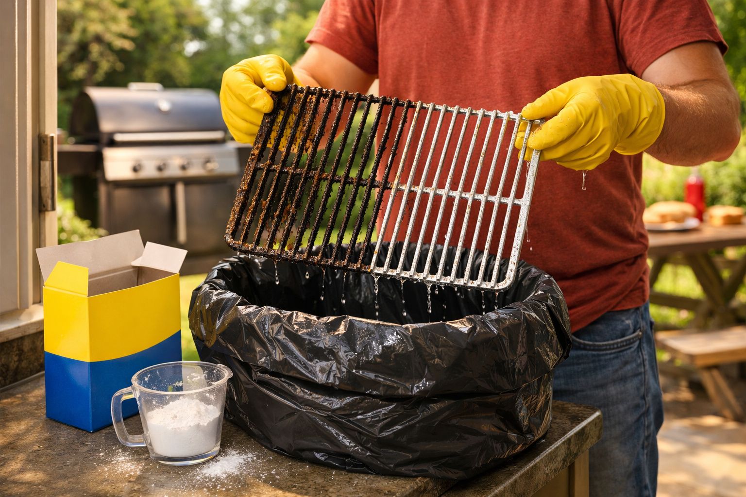 Pessoa com luvas amarelas segurando uma grelha de churrasqueira suja sobre saco preto para limpeza ao ar livre.