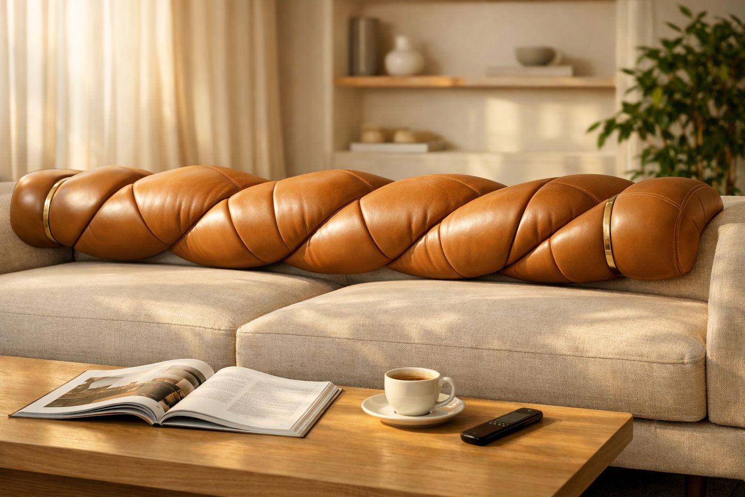 Almofada longa torceda marrom sobre sofá bege, com livro aberto, xícara de café e controle na mesa de madeira.