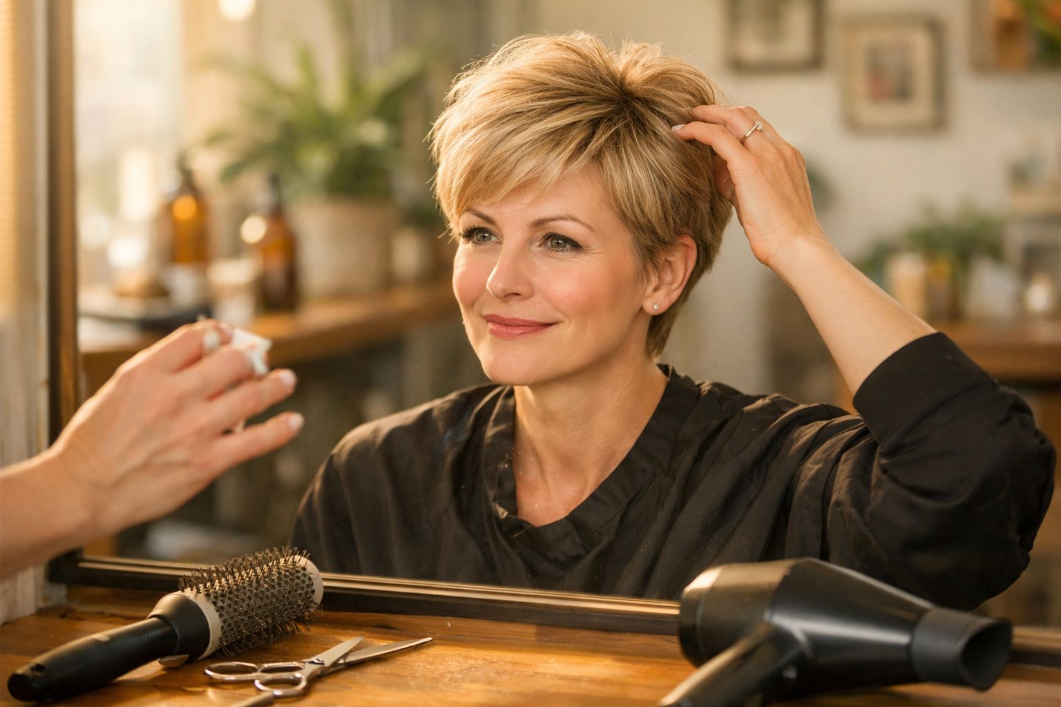 Mulher loira de cabelos curtos sorrindo em frente a um espelho em salão de beleza.