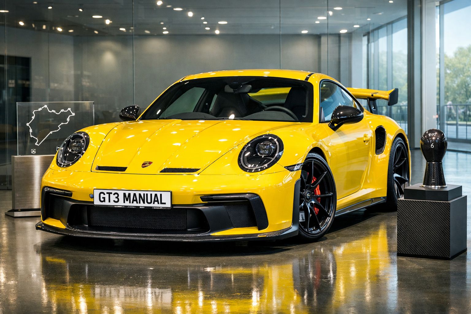 Carro esportivo Porsche amarelo GT3 Manual exposto em showroom moderno com piso espelhado.