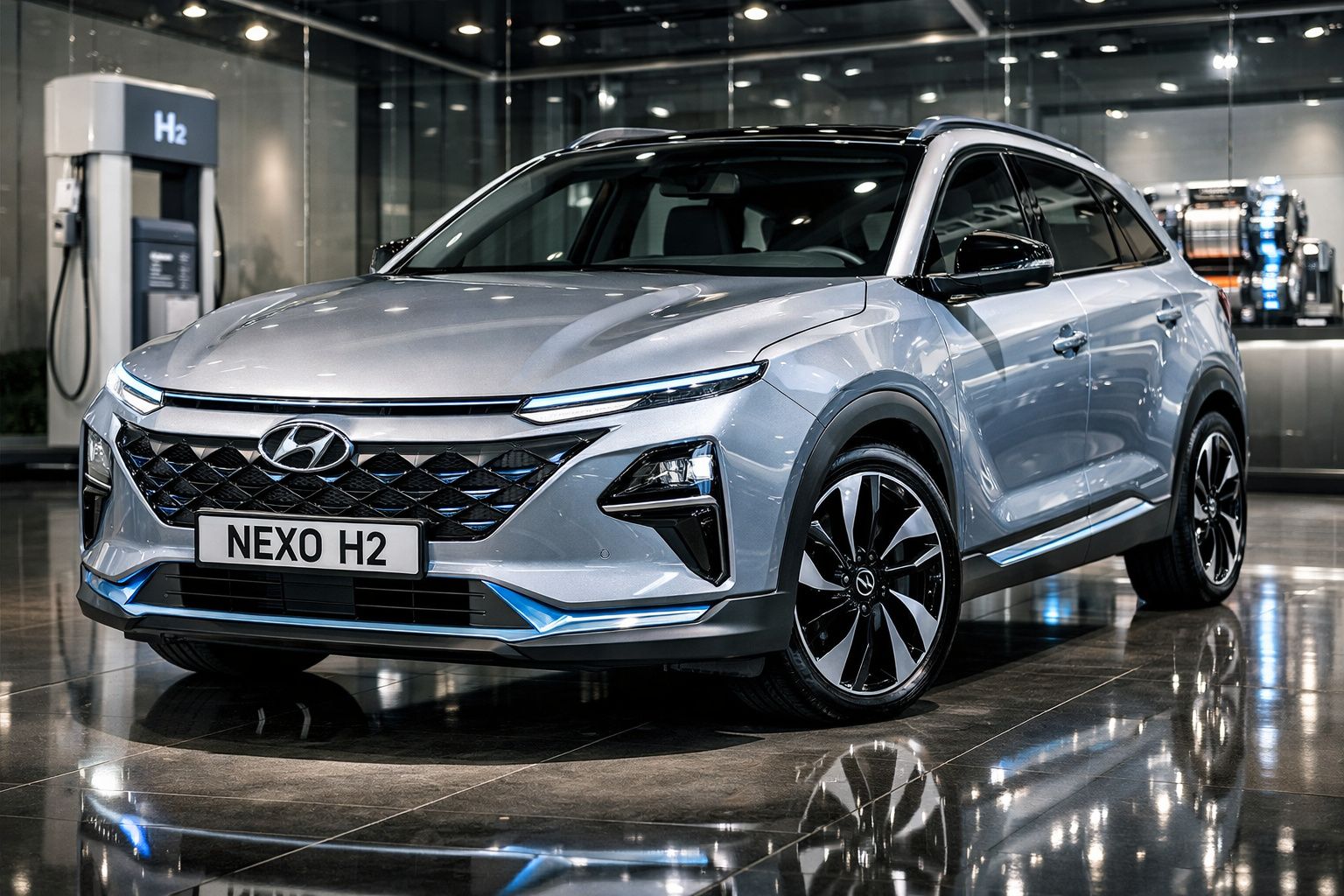 SUV Hyundai Nexo H2 prateado estacionado em showroom moderno, com bomba de hidrogênio ao fundo.