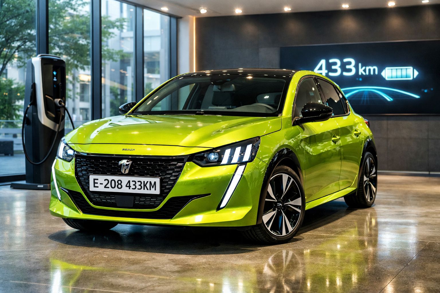 Carro elétrico verde limão Peugeot e-208 em exposição, com tela exibindo autonomia de 433 km ao fundo.