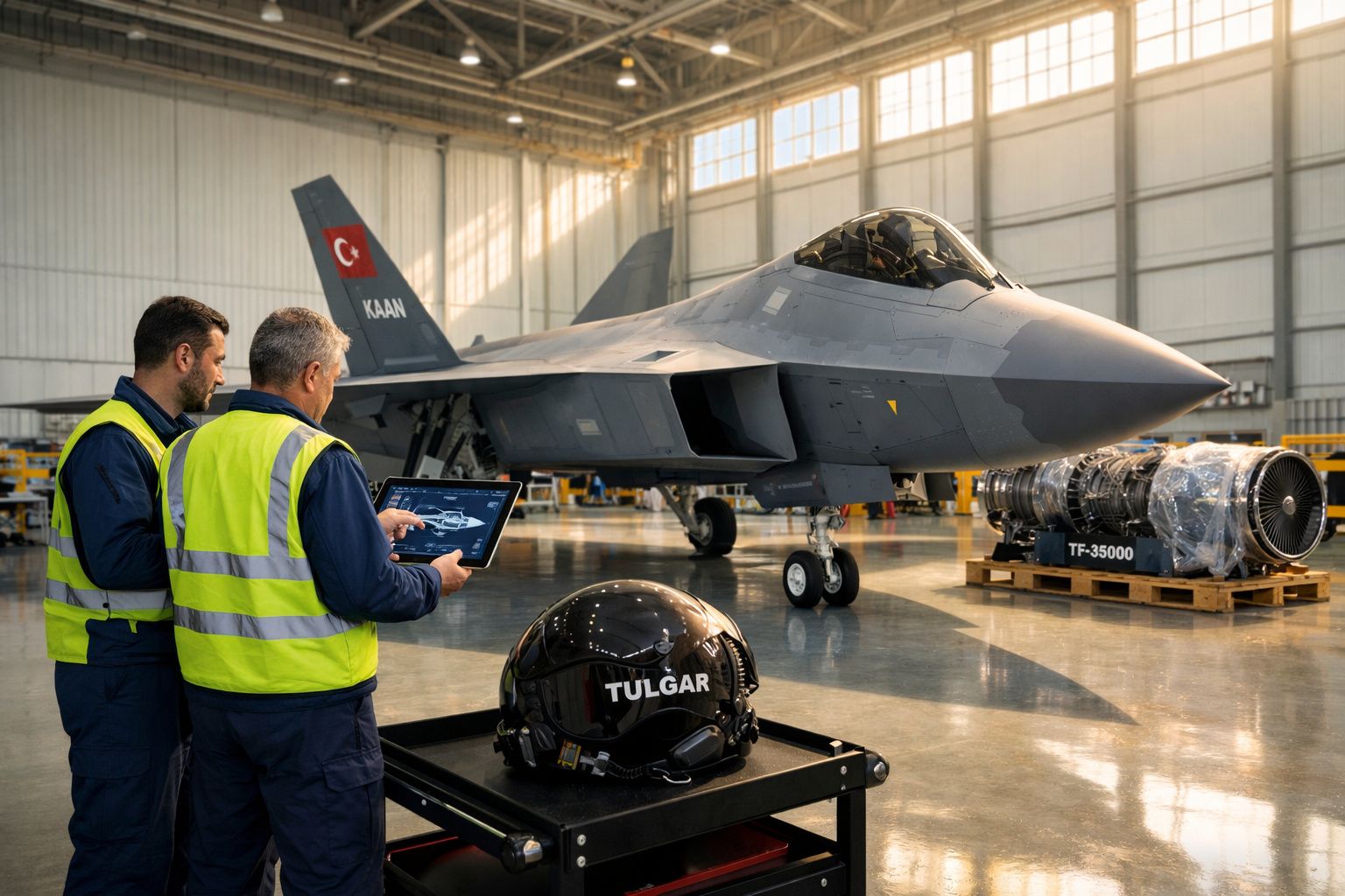 Dois engenheiros analisam dados em tablet com caça militar turco Kaan em hangar, capacete Tulgar em destaque.