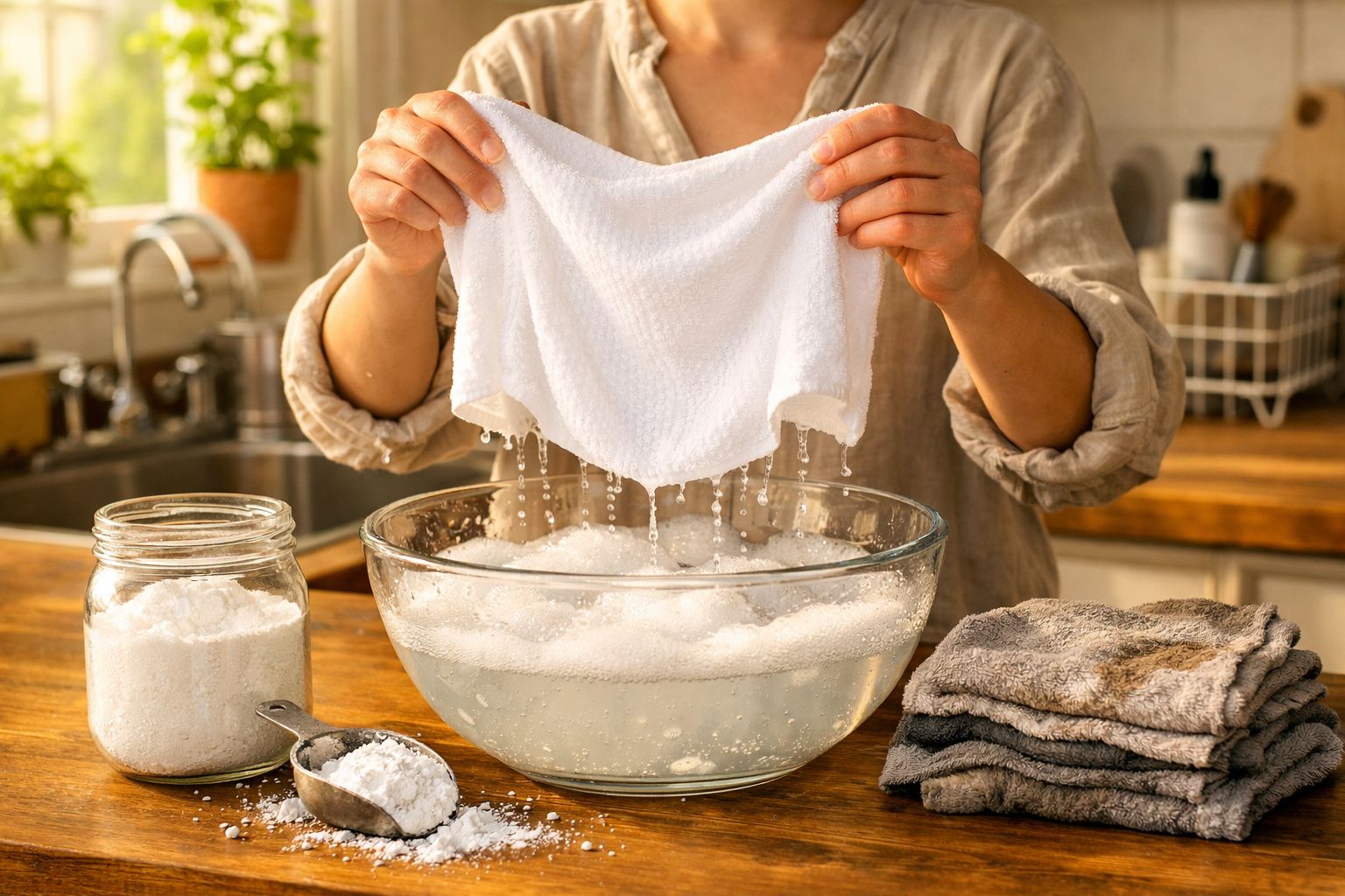 Pessoa torcendo um pano branco sobre uma tigela com água e bicarbonato de sódio na cozinha.