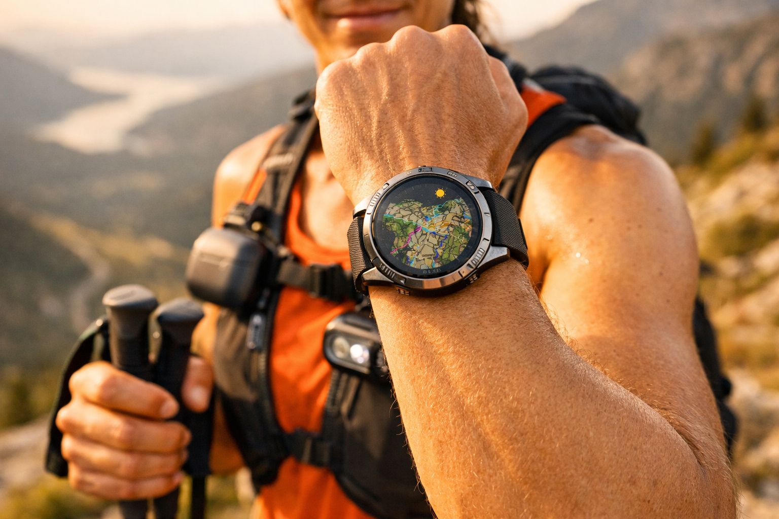 Pessoa usando colete e relógio com mapa na tela, segurando bastões de caminhada em ambiente montanhoso.