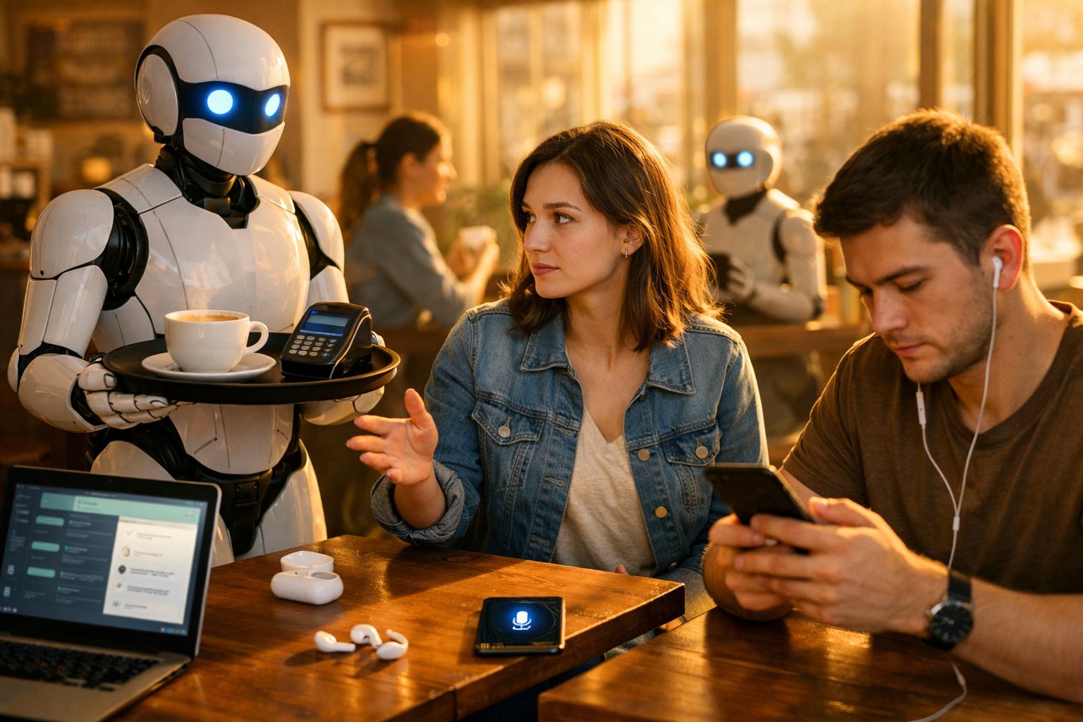Robô atendente serve café para mulher em cafeteria enquanto homem usa celular ao lado.