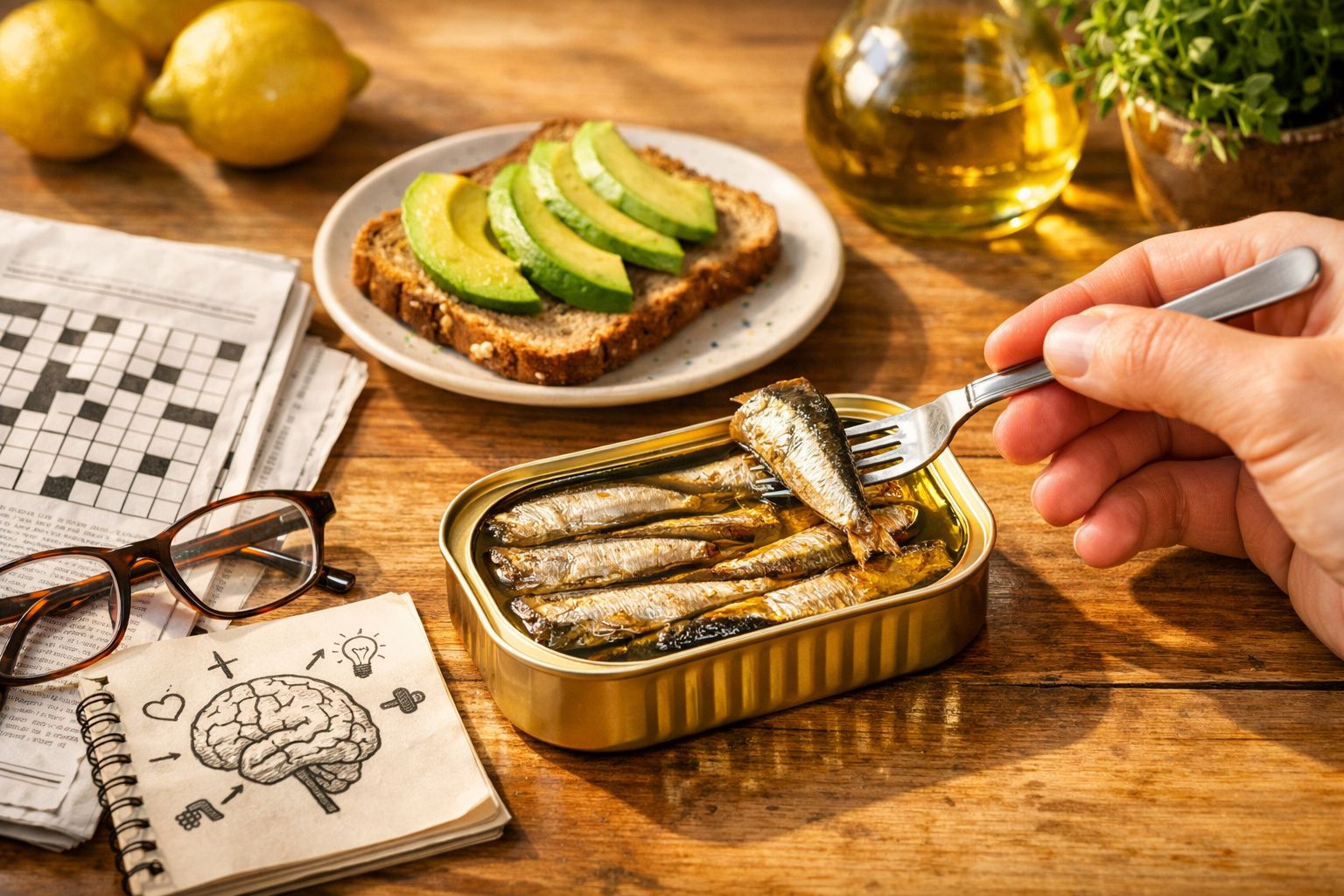 Pessoa pegando sardinha em lata com garfo em mesa com pão integral, abacate, jornal e óculos