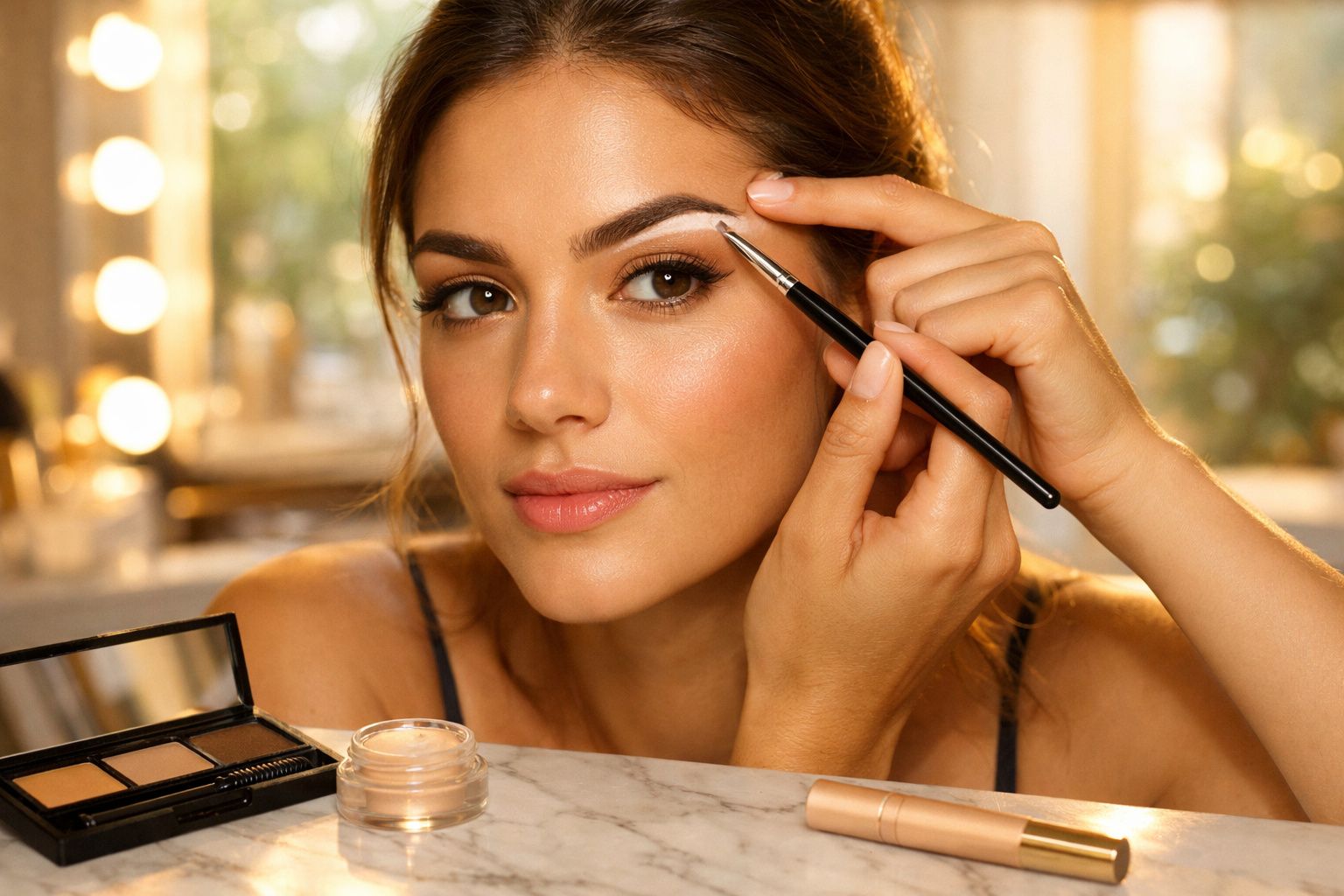 Mulher aplicando maquiagem nas sobrancelhas com pincel, olhando para frente em ambiente iluminado.