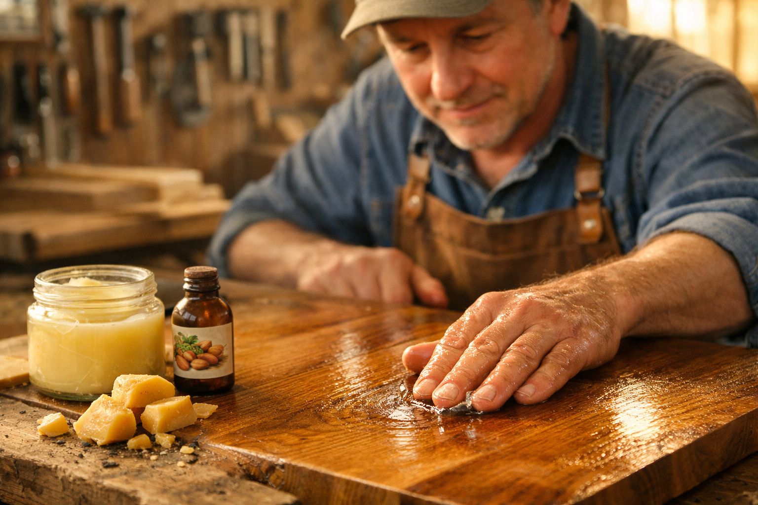 Homem aplicando cera em madeira com pote de cera, óleo e pedaços de cera sobre a mesa.
