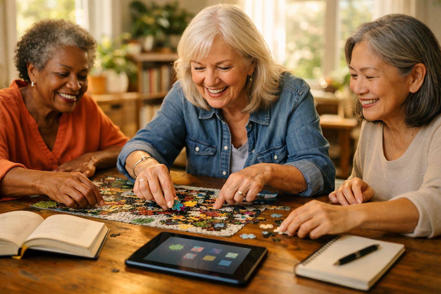 Três mulheres idosas sorrindo enquanto montam um quebra-cabeça em uma mesa com livro, tablet e caderno.