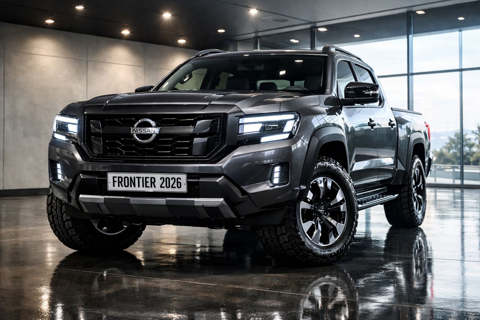 Picape Nissan Frontier 2026 cinza escura estacionada em ambiente interno moderno com piso refletivo.