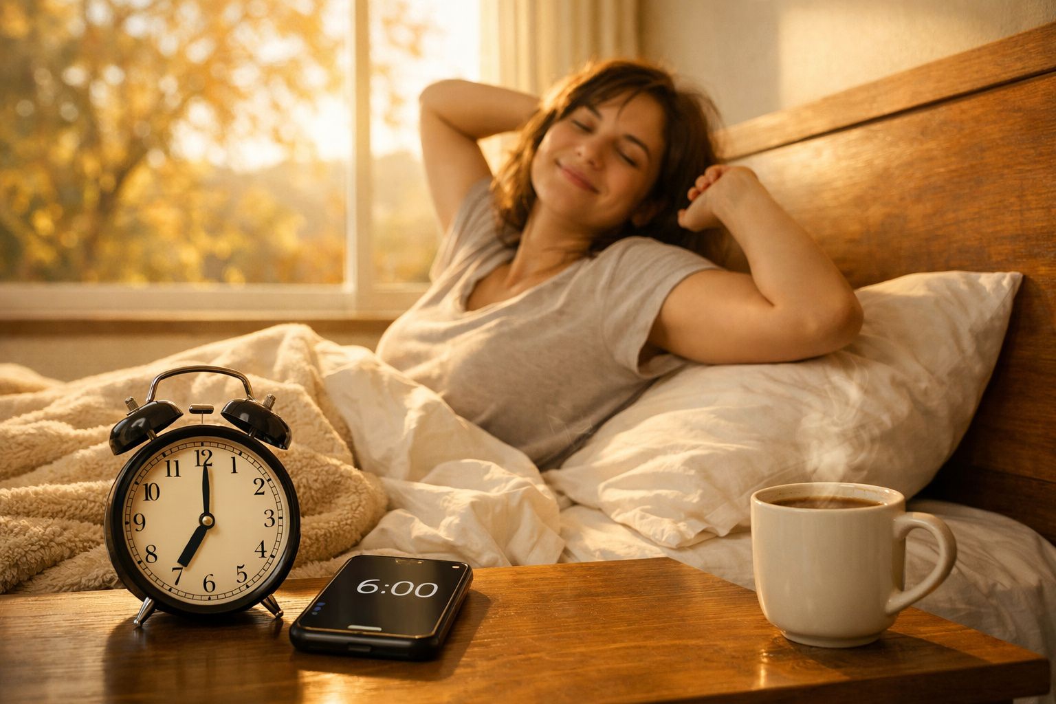 Mulher acordando feliz na cama com relógio marcando 6h e xícara de café na mesa ao amanhecer.