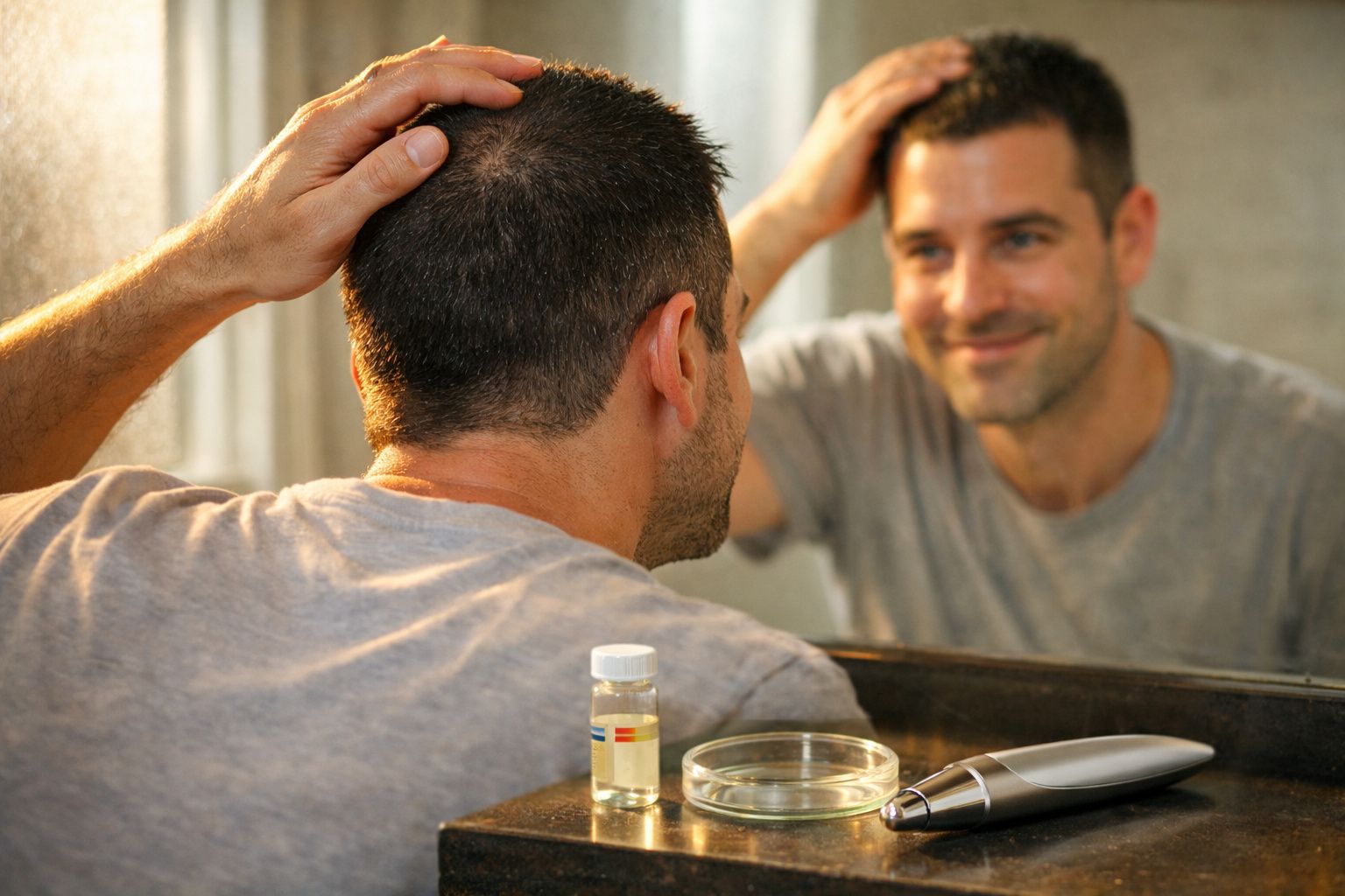 Homem observando a calvície no espelho do banheiro, com frasco, aparelho e recipiente sobre a pia.