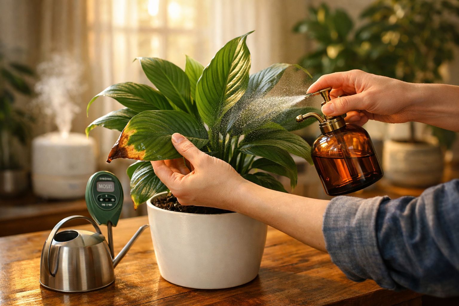 Mãos pulverizando planta com folhas verdes e danificadas em vaso branco sobre mesa de madeira.