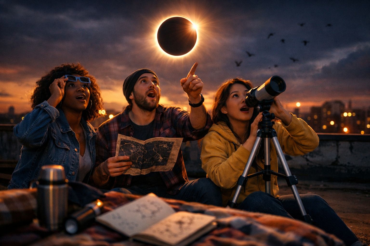 Três pessoas observando um eclipse solar usando óculos especiais e telescópio ao anoitecer na cidade.