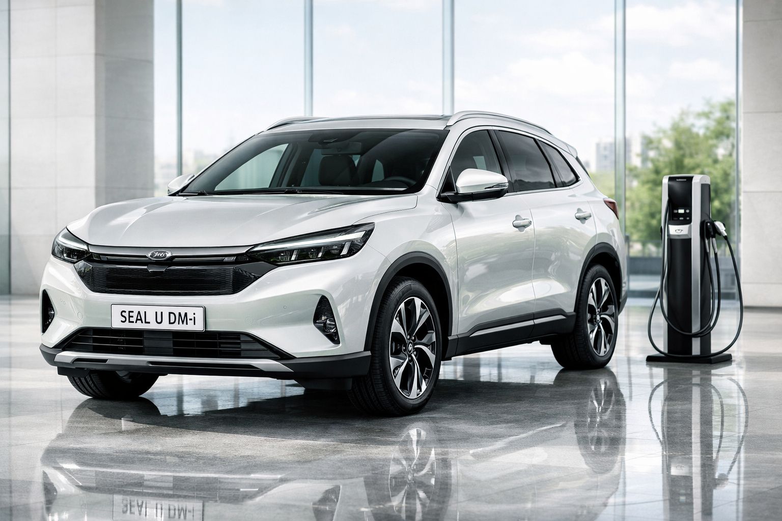 SUV elétrico branco estacionado em área interna ao lado de estação de recarga.
