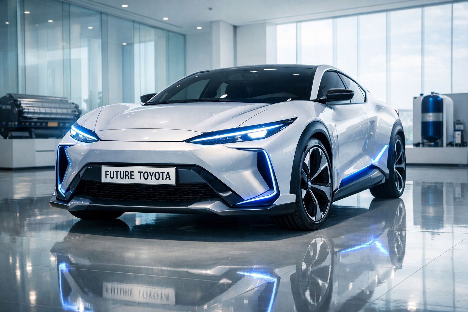 Carro conceito Toyota Future branco com luzes azuis em ambiente moderno e refletivo.