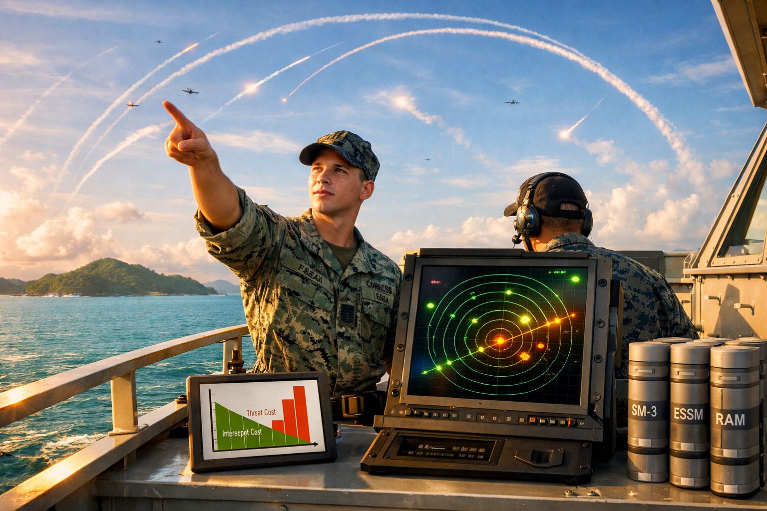 Dois militares em uniforme naval operando equipamentos eletrônicos em um barco com jets de guerra voando ao fundo.