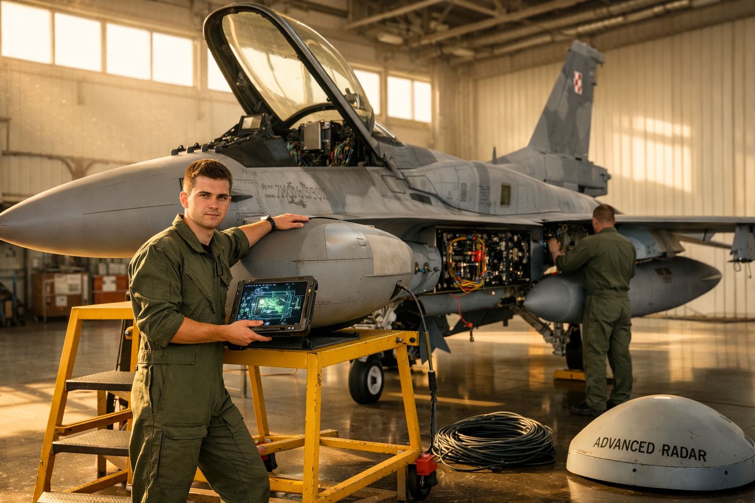 Homem em macacão verde realiza manutenção em caça militar F-16 dentro de hangar.
