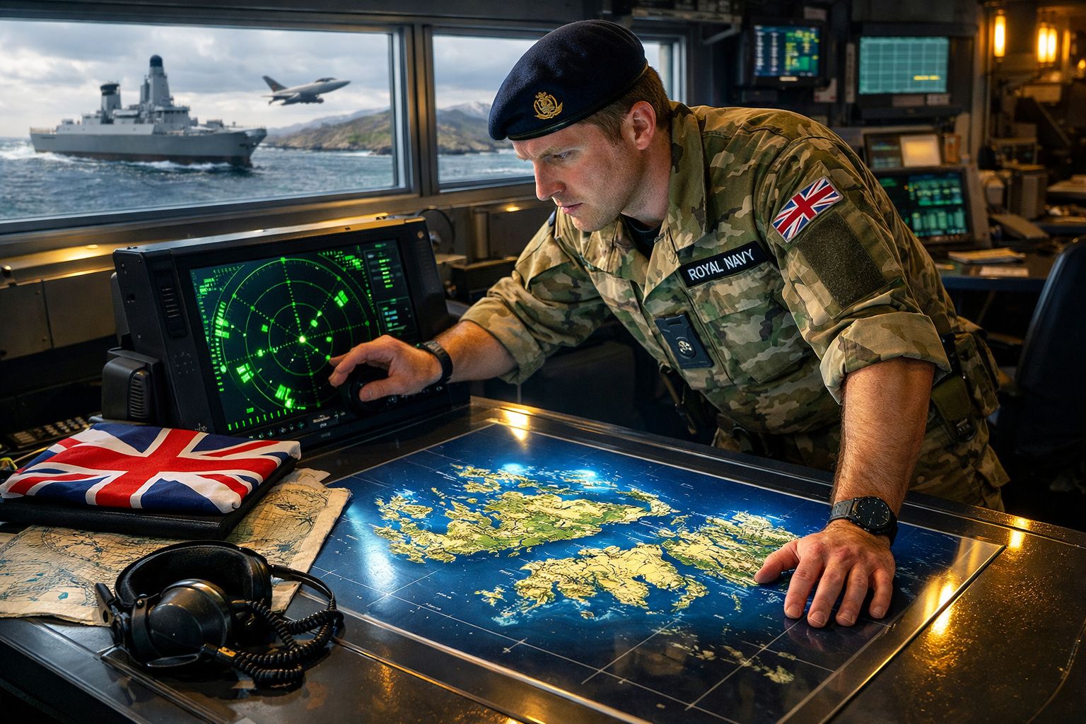 Militar da Marinha Real Britânica usando radar e mapa digital em sala de comando de navio, com avião e navio ao fundo.
