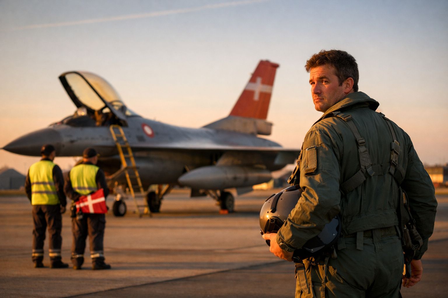 Piloto militar segurando capacete com caça F-16 estacionado e dois técnicos de colete refletivo ao fundo.