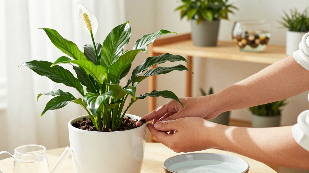 Mãos cuidando de planta espada-de-são-jorge em vaso branco sobre mesa clara em ambiente interno iluminado.