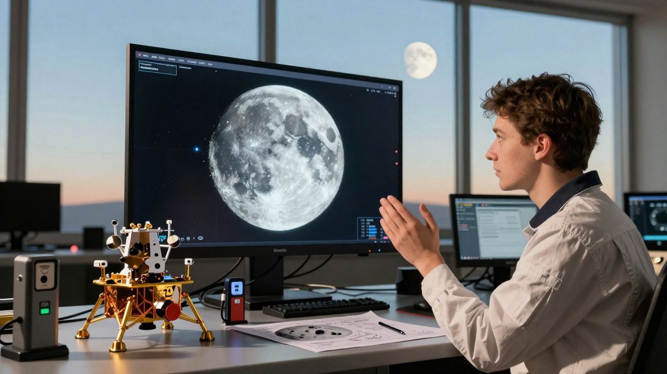 Homem analisando imagem digital da Lua no computador com modelo de módulo lunar na mesa.
