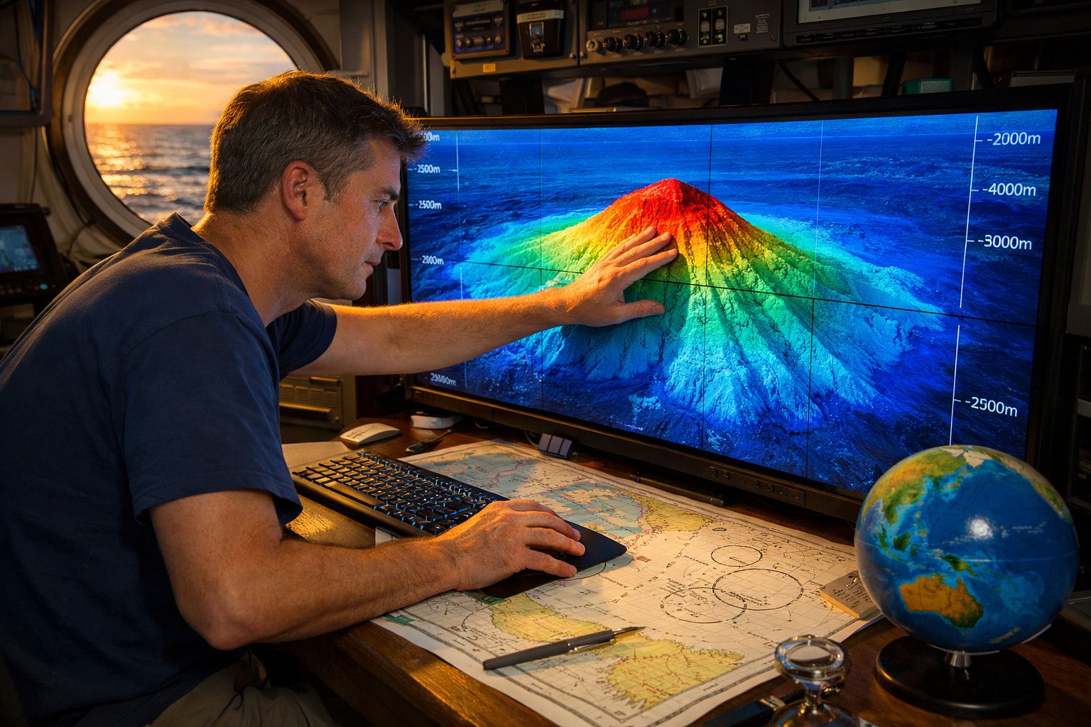 Homem analisa mapa 3D colorido de montanha submarina em monitor com globo terrestre e mapas sobre a mesa.