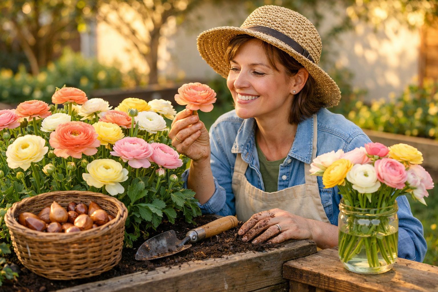 Mulher sorridente cuidando de flores coloridas em jardim, com chapéu de palha e regador próximo.