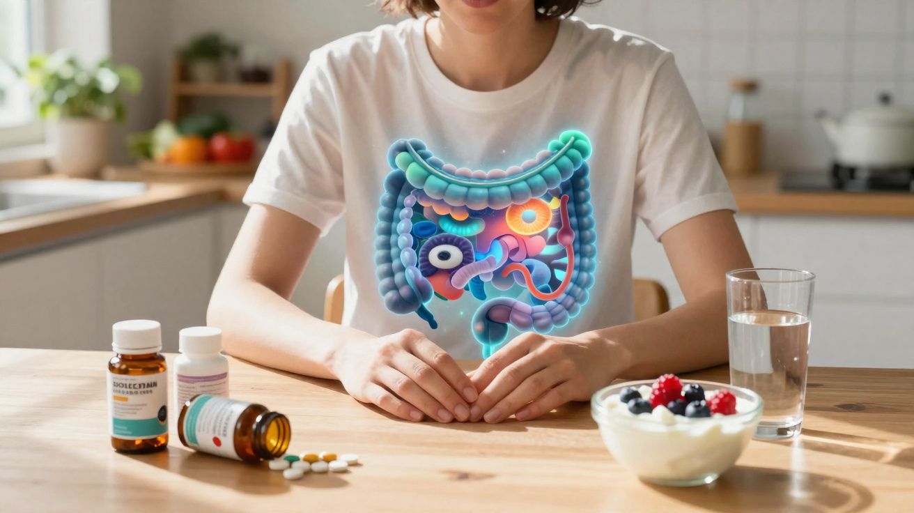 Pessoa sentada à mesa com representação digital do intestino, remédios, copo de água e tigela com iogurte e frutas.