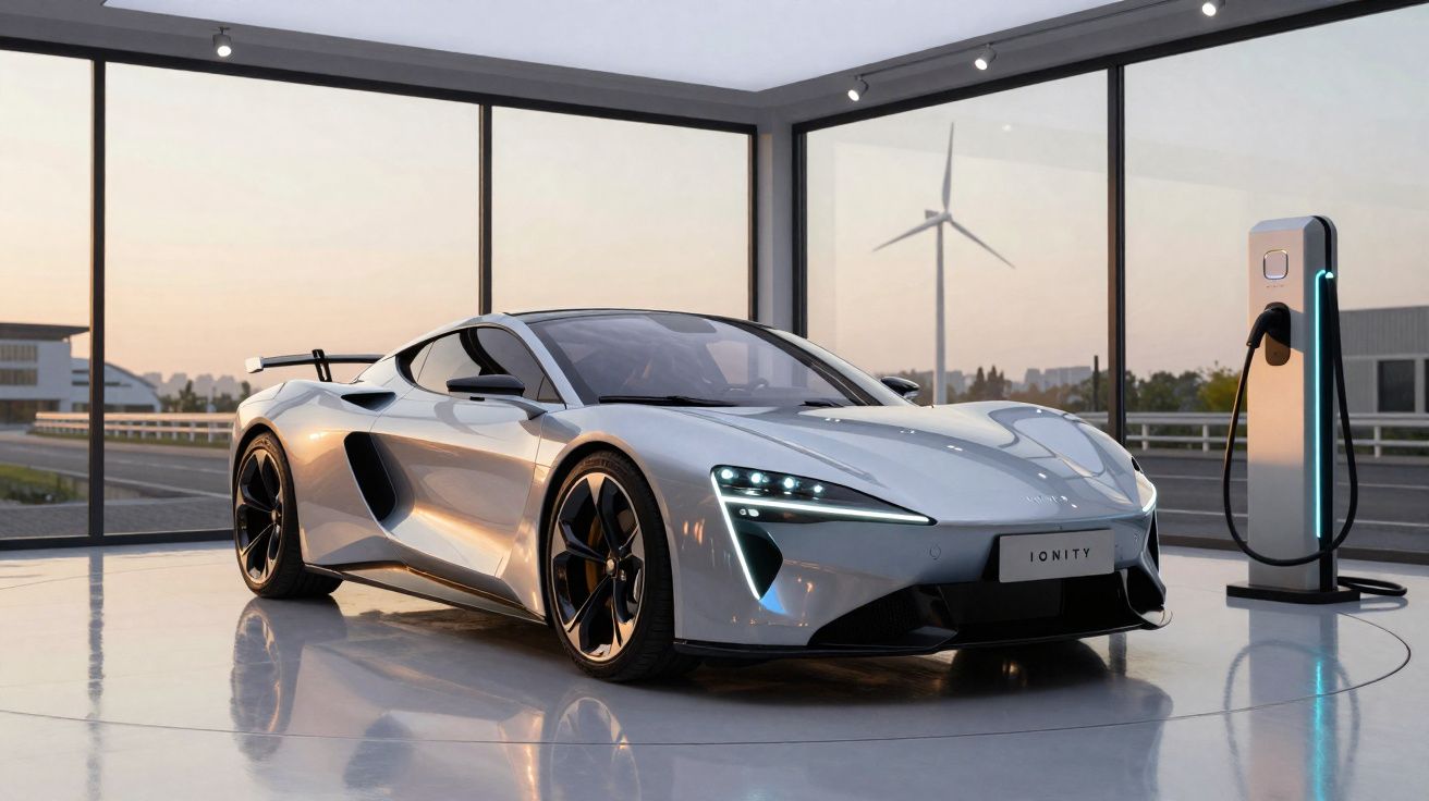 Carro esportivo elétrico prata conectado a carregador em ambiente moderno com janelas amplas e moinho de vento ao fundo.