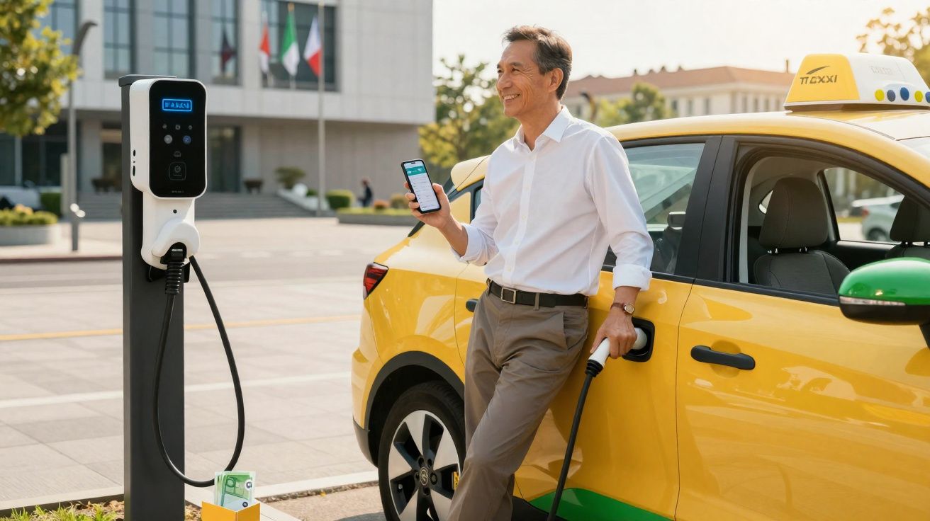 Homem recarregando táxi elétrico amarelo em estação de carregamento pública, segurando celular com app aberto.