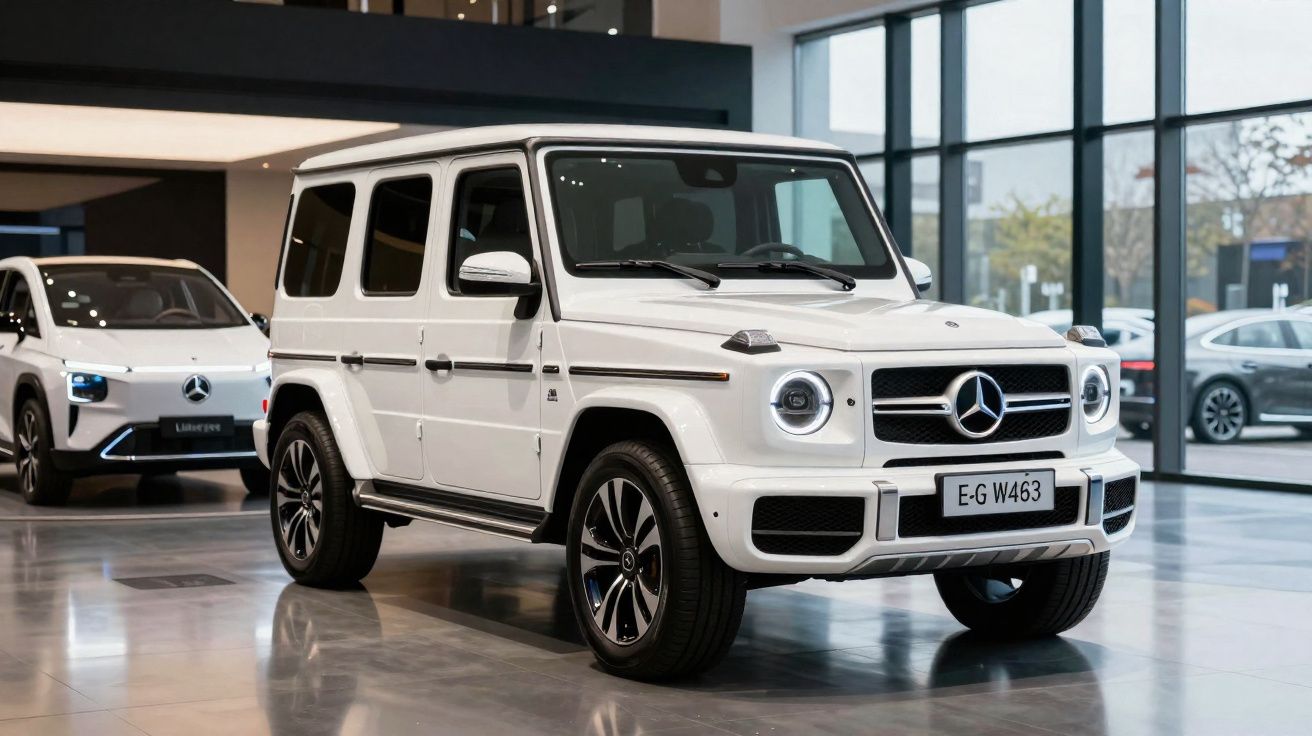 Veículo utilitário esportivo Mercedes-Benz G-Class branco em showroom moderno com outros carros ao fundo.